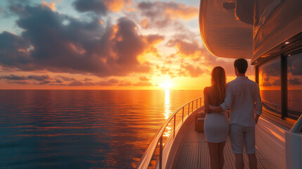 Fototapeta premium couple stands on a yacht deck, watching a beautiful sunset over the ocean