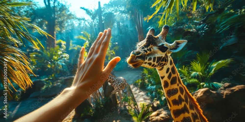 Poster a beautiful interaction between a person and a giraffe. the image captures a vibrant jungle backdrop