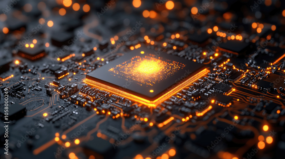 Poster the intricate design of a glowing microchip surrounded by a network of electronic components sparkle