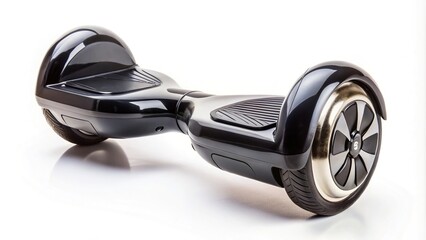Modern electric hoverboard on white background