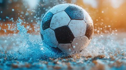 Fototapeta premium A soccer ball rolls through a puddle, creating splashes as sunlight breaks through the clouds on a rainy spring day