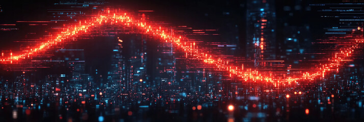 Obraz premium A glowing red waveform moves through a dark, futuristic city landscape filled with colorful lights and digital data elements at night