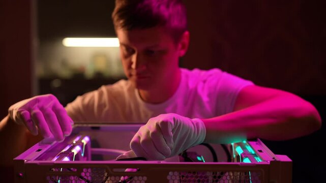 Portrait of focused man wearing white gloves meticulously assembling water cooling system inside a computer case illuminated by neon lighting, showcasing the precision required for custom pc building.
