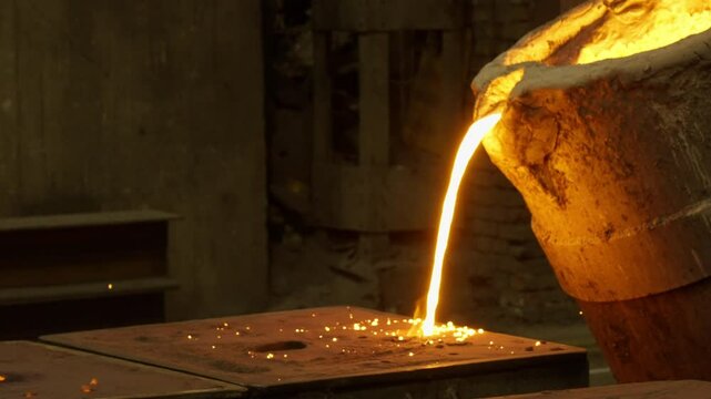 Red-hot steel is poured from a boiler into special mold for manufacture of parts at a metallurgical plant. The steel mill at the moment of hot metal casting fire is in close-up. Slow motion 120 fps 4K