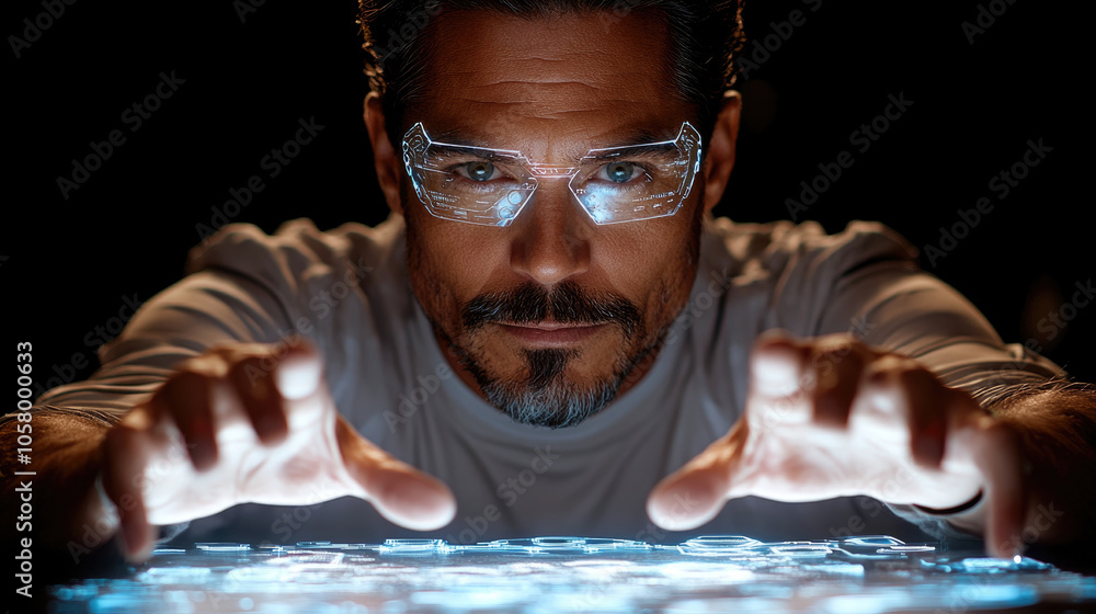 Poster an individual engages with a glowing holographic display, using touch to manipulate the futuristic i