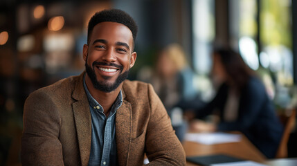 Fototapeta premium man with a happy expression, wearing a brown jacket and light-colored shirt, seated in a cafe