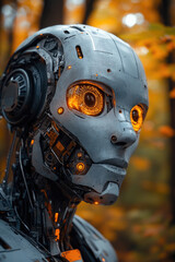 Fototapeta premium A detailed robotic figure features bright, illuminated eyes while set against a backdrop of vibrant autumn foliage in soft evening light
