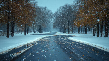 Snow falls softly on a winding road surrounded by autumn trees, creating a tranquil winter atmosphere in the landscape