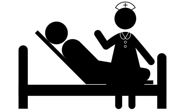 recommend clip art: ベットで横になっている患者に説明している看護師のピクトグラム