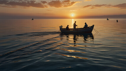 scene of a fisherman&rsquo;s boat actively catching fish on a calm, open sea at sunrise time