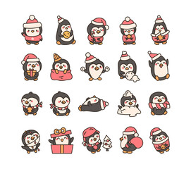 Fototapeta premium Christmas penguin characters bundle for winter holiday festive cute animal illustrations and seasonal decorations