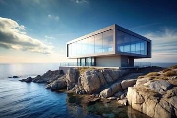Modern minimalistic building on rocky seascape with asymmetrical design