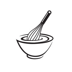 monochrome icon of mixing bowl with wire whisk isolated on white background