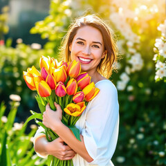 A joyful woman holds a vibrant bouquet of tulips in a sunny garden