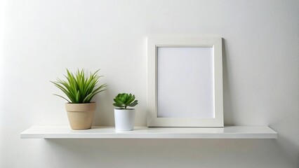 Modern white shelf with asymmetrical design featuring plant and picture frame decoration