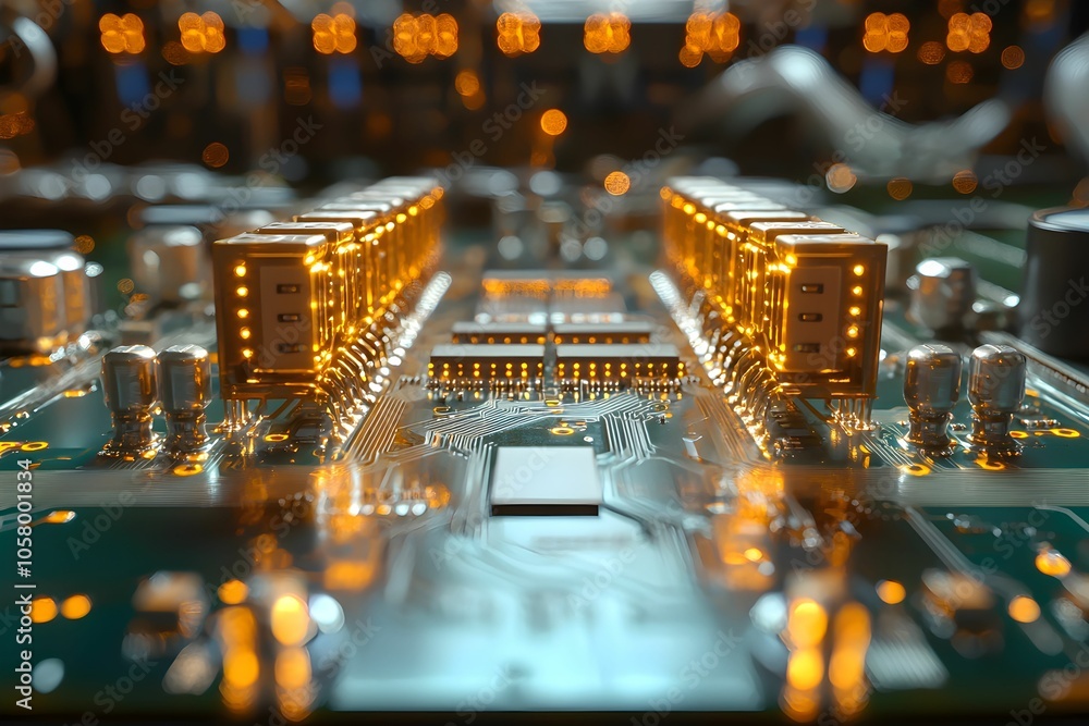 Poster close-up view of a circuit board with glowing components at night