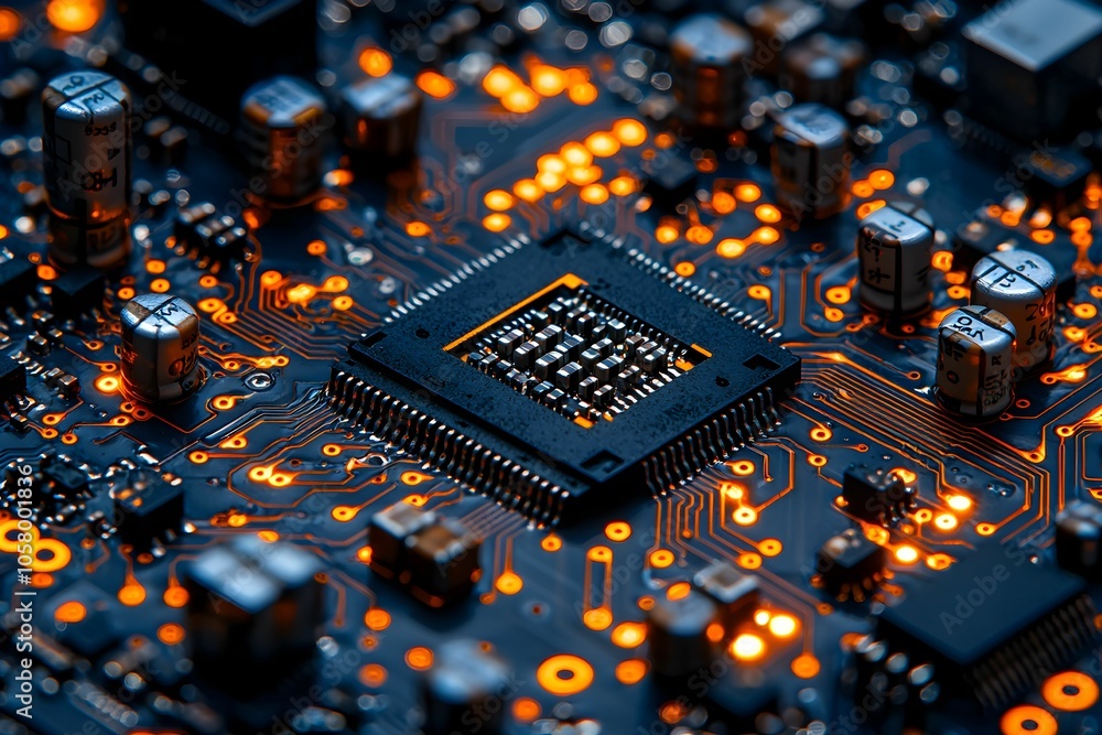 Poster close-up of a circuit board with glowing components at nighttime