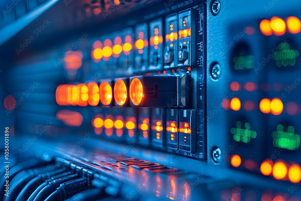 Poster illuminated server rack with glowing led lights in a data center