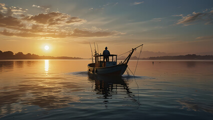 Obraz premium scene of a fisherman’s boat actively catching fish on a calm, open sea at sunrise time