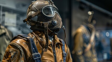 A display of historical uniforms and equipment used by pilots throughout aviation history.