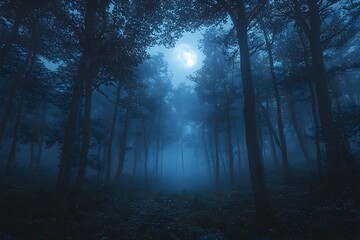 Obraz premium Mysterious forest under moonlight on a foggy night in autumn