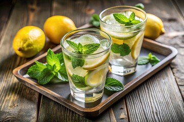 Fototapeta premium Mojito cocktails with lemon and mint served in a Point of View Glass on a tray