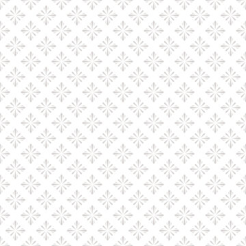 Subtle vector geometric floral seamless pattern. Simple white and gray ornamental texture in oriental style. Abstract silver background with small flower silhouettes, diamond shapes, stars, snowflakes