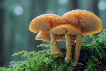 Fototapeta premium Mushrooms growing on moss in a lush forest during a cloudy day