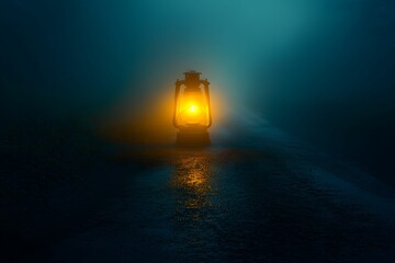 A glowing lantern illuminates a foggy path at night
