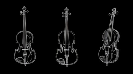 Fototapeta premium Elegant Line Art of Three Violins on Black Background