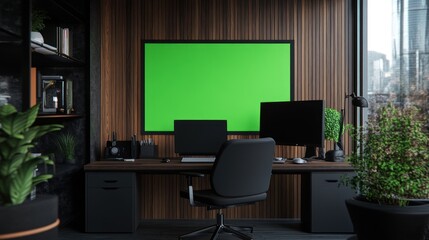 Fototapeta premium Modern office setup with a green screen, desk, and plants, ideal for video production.