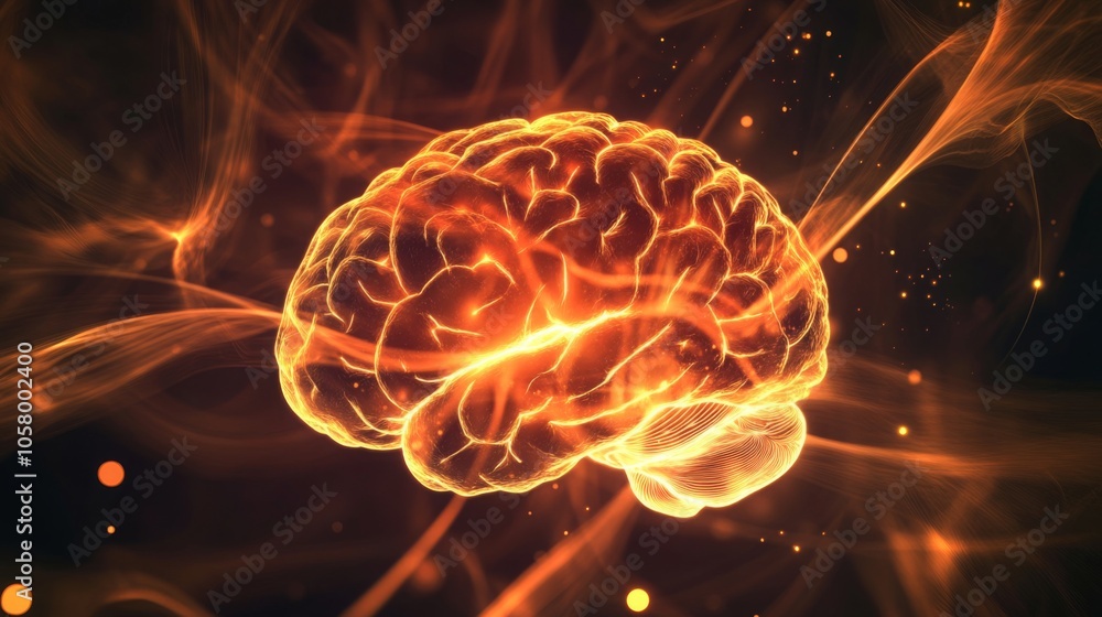 Poster a digital rendering of a human brain is shown in a glowing orange color. the brain is surrounded by 