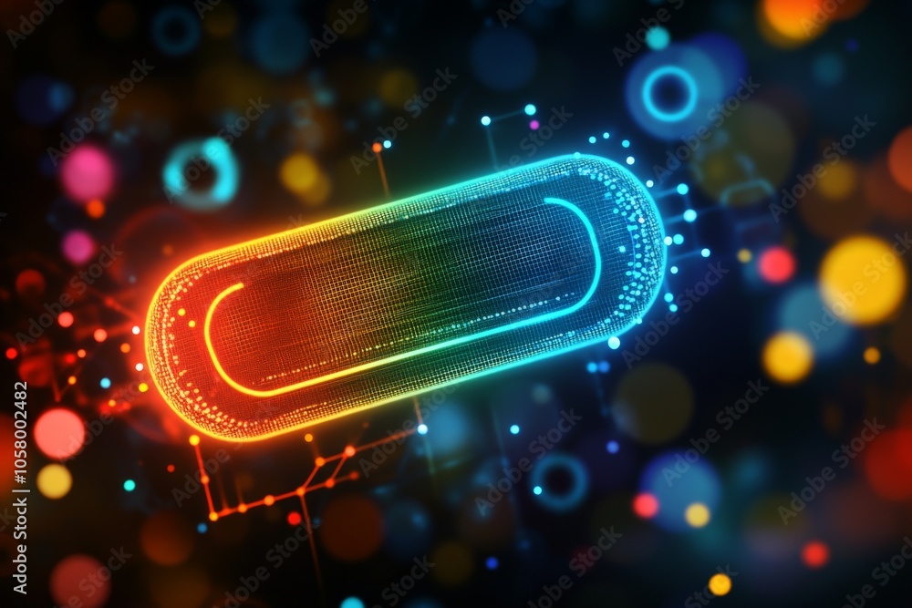 Poster neon digital graphic of pill on dark background with bokeh effect symbolizing modern healthcare tech