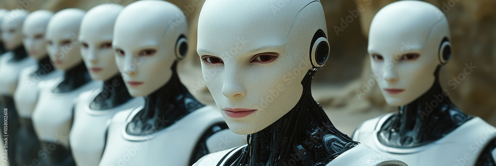 Aufkleber a group of humanoid robots stands in a row, displaying sleek designs and modern features in a desola
