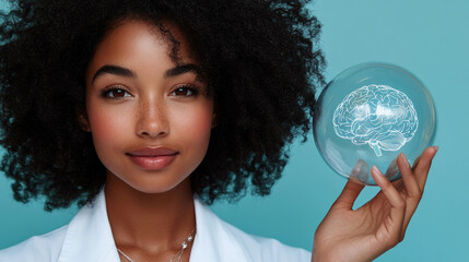 Naklejka premium A young woman smiles while presenting a clear globe that displays a brain illustration, showcasing knowledge and innovation in a classroom