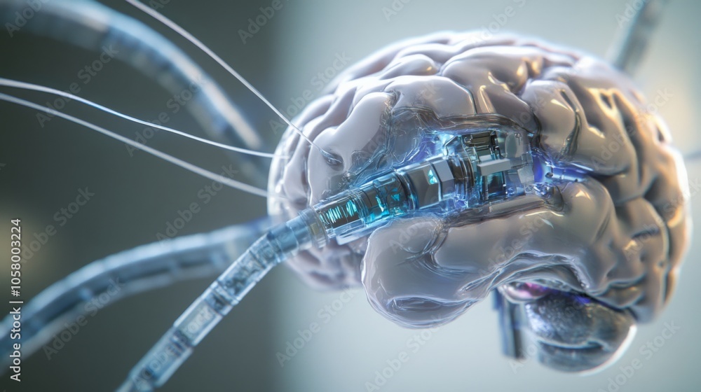 Leinwandbilder A rendering of a human brain with mechanical parts integrated into its structure, showcasing a futuristic vision of neural technology and human-machine integration.