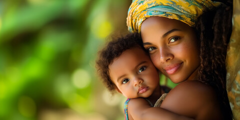 Young brazilian mother holding and gently hugging her little daughter against blurred green background of nature, banner with copy space for mother’s day, happy woman with baby