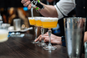 Cocktail preparation featuring vibrant drinks at an evening tasting event