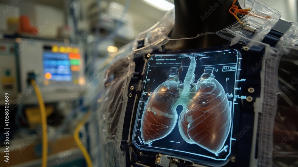 Poster a mannequin displaying intricate lung imaging within a medical facility highlights modern diagnostic