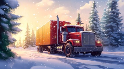 Cartoon truck with Christmas trees, snow falls