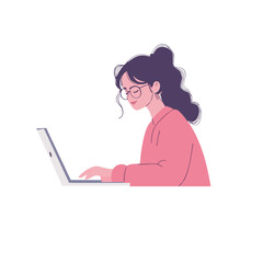 A female student or business woman working on a laptop. Flat vector illustration on a plain background