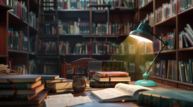 Cozy library room with a book and lamp on a table, creating an inviting reading space filled with warmth
Seamless looping 4k time-lapse virtual video animation Generated AI
