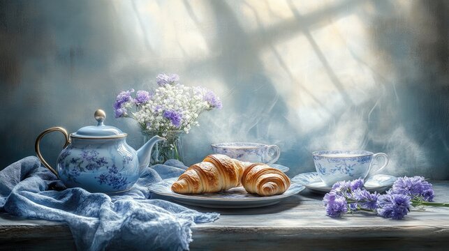 Elegant Tea Set with Croissants and Flowers Arrangement