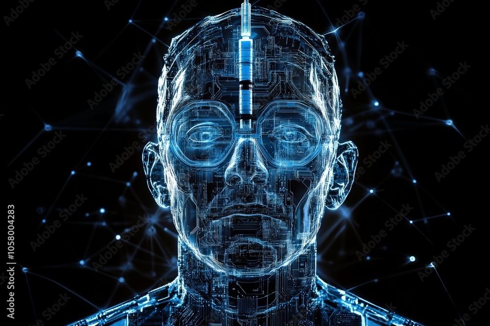 Poster digital human head with neural connections and syringe symbolizing advanced healthcare technology in