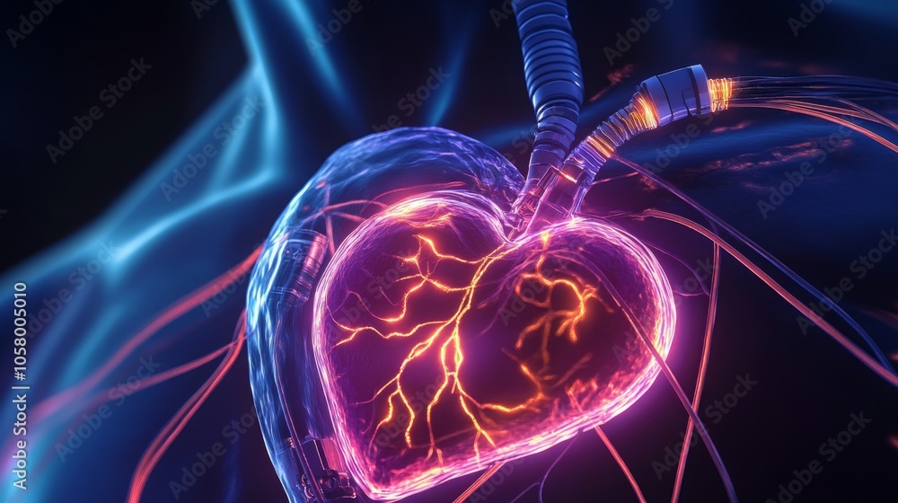 Fototapete this artwork showcases a futuristic heart illuminated with vibrant colors, surrounded by glowing vei