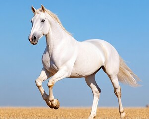 A white horse galloping across a golden field under a clear blue sky.