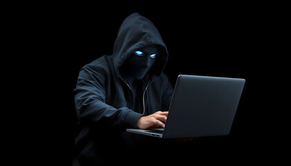 professional hacker male use laptop to gain unauthorized access to data, isolated in dark space. high knowledge of specific technology field, intervenes premeditatedly in different systems isolated 