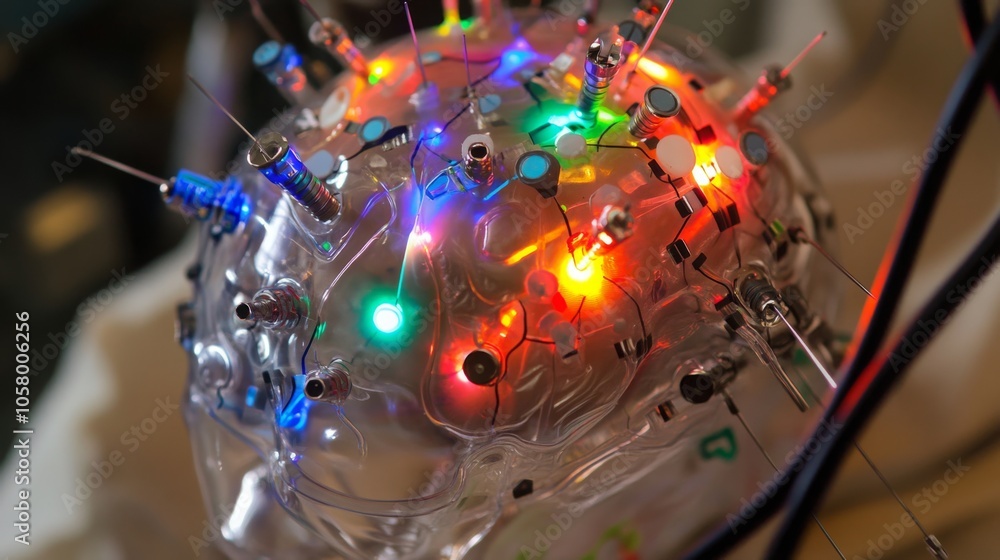 Leinwandbilder this artwork features a translucent brain model adorned with various colorful leds and electronic co