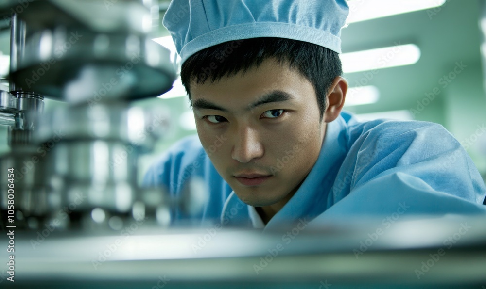 Poster chinese male engineer working in a clean factory using advanced technology to ensure quality control
