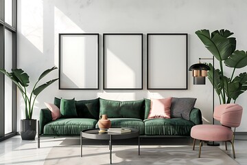 Modern Interior of Stylish Living Room ,Wall Mock Up, Frame , Poster with Beautiful Background, 3d render